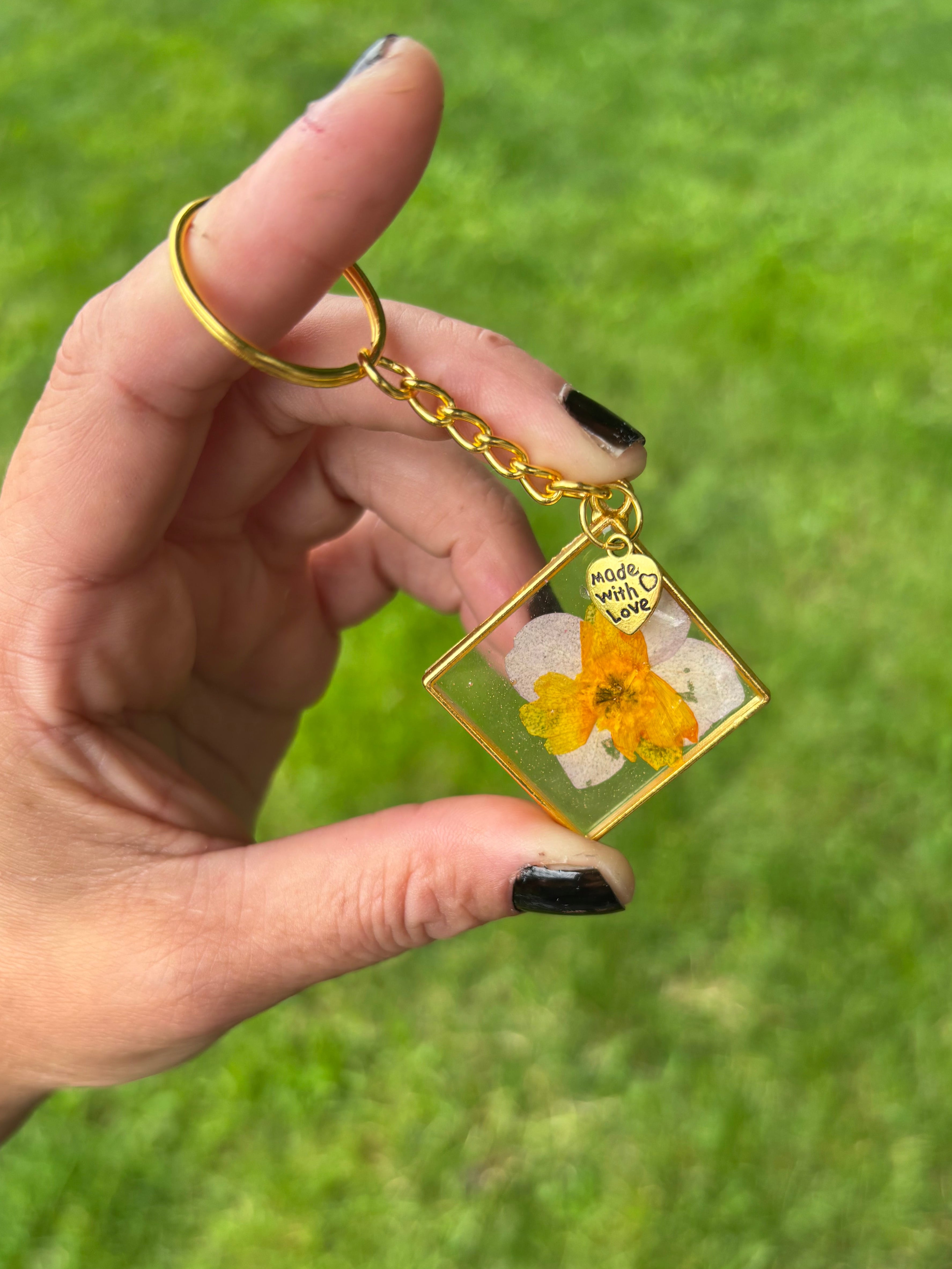 Golden Bloom Pressed Flower Keychain
